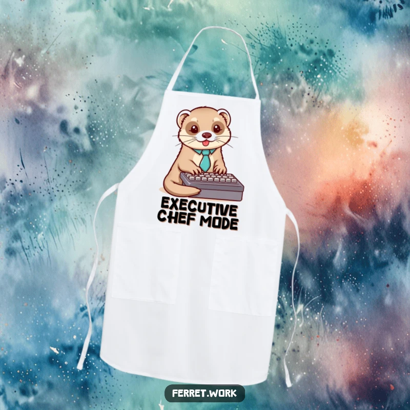 Funny ferret apron showing a dapper ferret in a tie, typing busily on a keyboard while cooking.