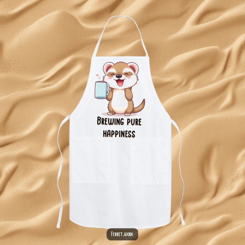 Funny and cute apron with a joyful ferret holding a coffee mug, perfect for coffee-loving cooks.