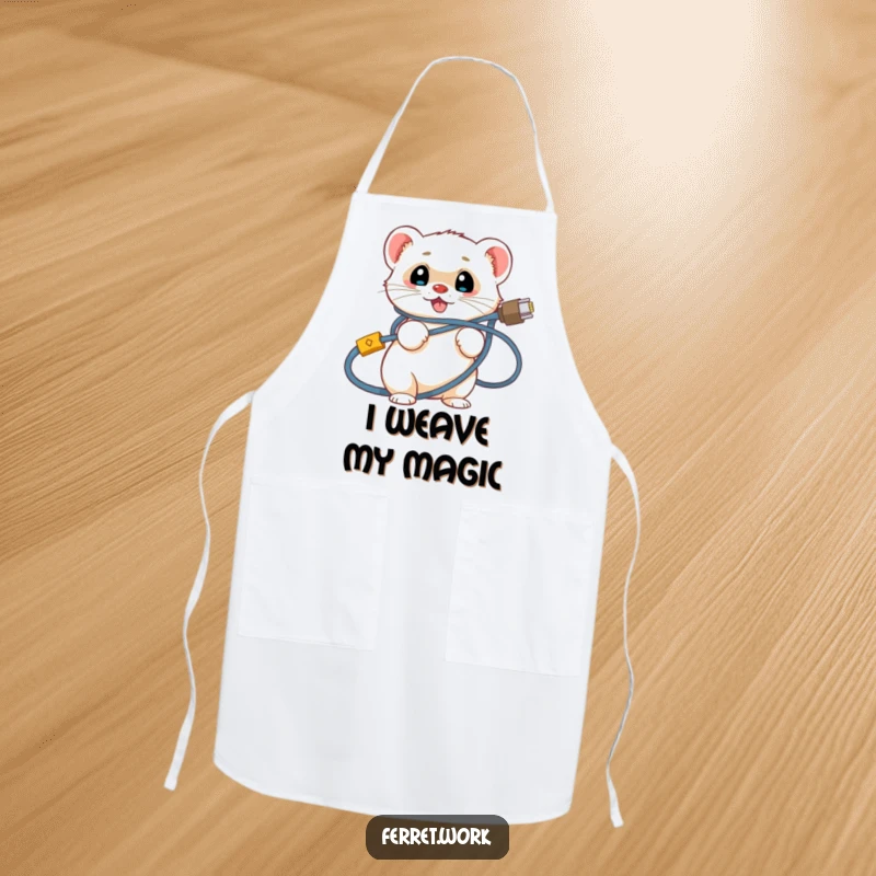 Funny ferret apron depicting a smiling ferret hilariously entangled in computer network cables, ready for kitchen chaos.