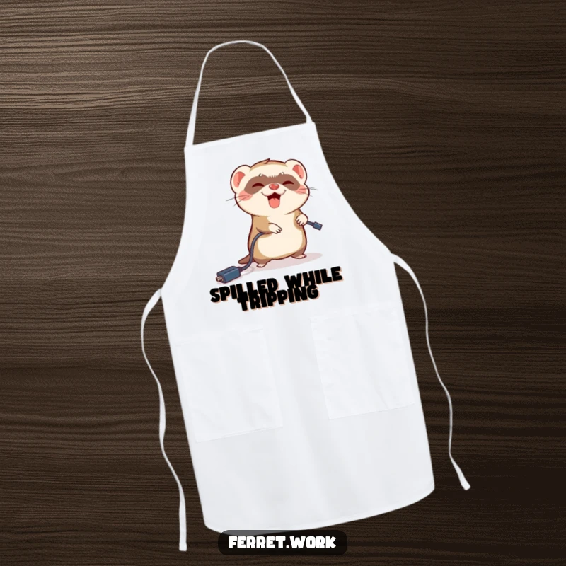 Funny ferret apron showing a ferret comically tripping over a dangling power cord, perfect for cooks.