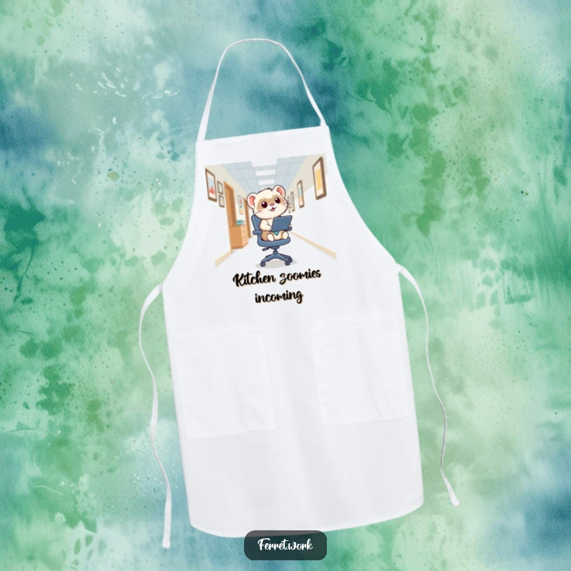 Funny kawaii office ferret in full zoom on a swivel chair, wearing an apron for a humorous kitchen or office theme.