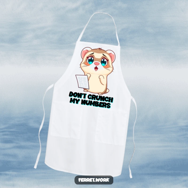 Funny apron with a ferret’s comically wide eyes, reacting with shock to a complex spreadsheet. Kitchen humor.