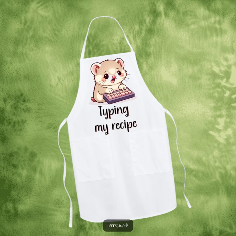 Funny Apron with a kawaii ferret enthusiastically typing on a tiny keyboard with its paws, perfect for cute cooks.