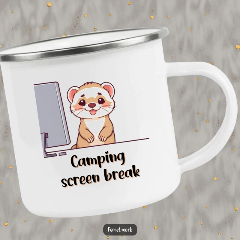Funny and durable camping mug featuring a ferret peeking over a computer monitor with a grin, perfect for techy campers, funny gift.