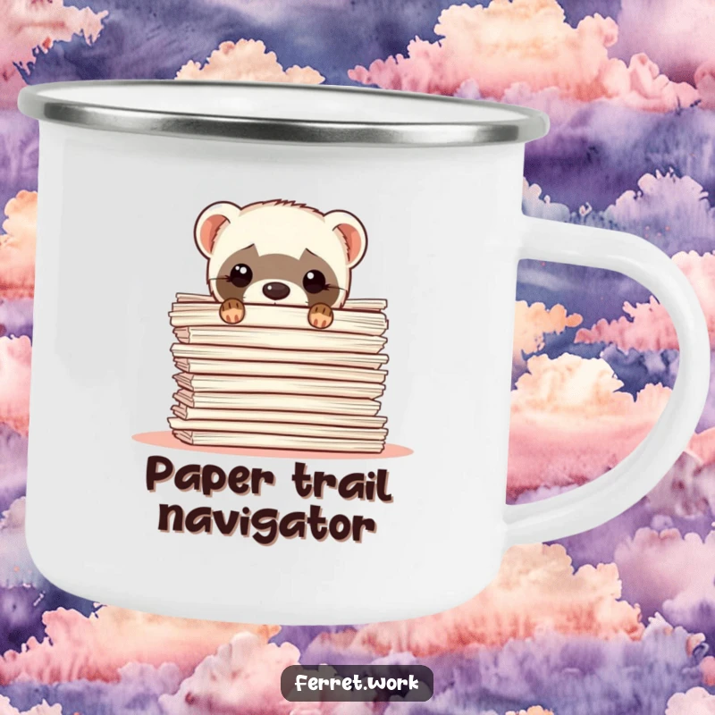 Funny ferret camping mug with a ferret peeking from behind a large stack of papers, durable and humorous.