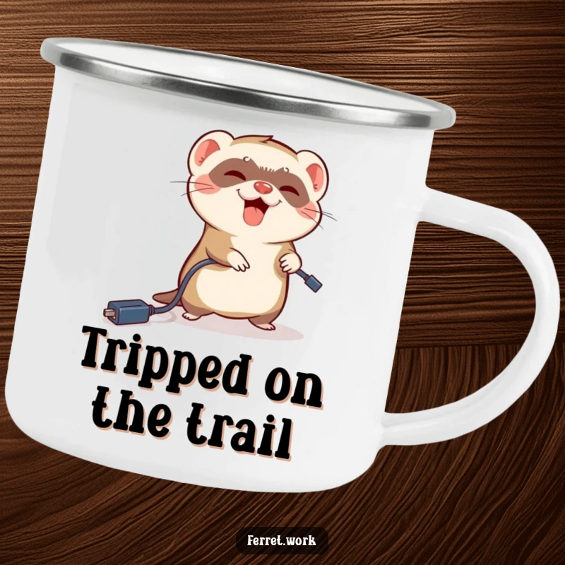 Funny ferret camping mug with a ferret comically tripping over a dangling power cord, durable and humorous.