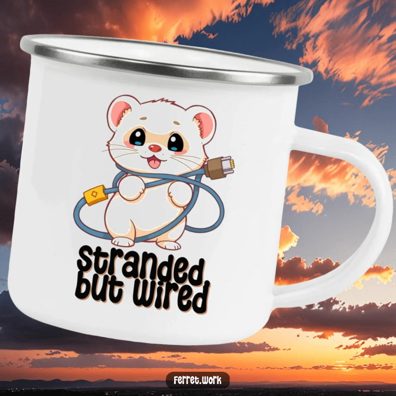 Funny ferret camping mug showing a smiling ferret comically tangled in computer network cables, ready for outdoor adventures.