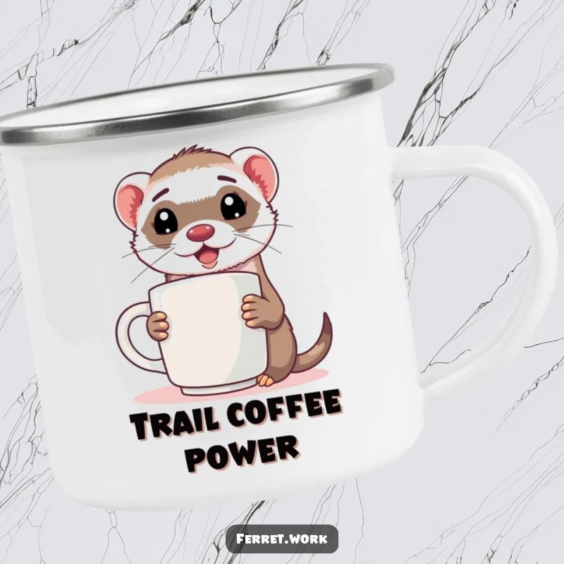 Funny ferret camping mug with an energized ferret holding a comically large coffee mug, durable and humorous.