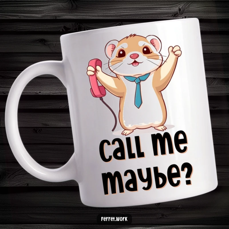 Funny triumphant kawaii office ferret holding a dangling phone cord like a trophy. A humorous depiction of small victories.