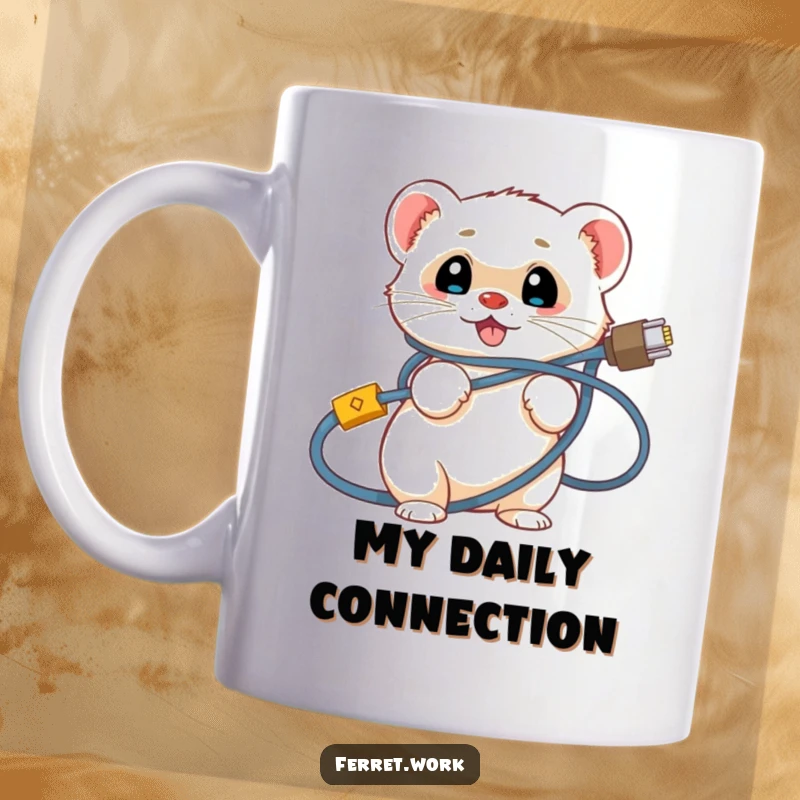 Funny ferret mug showing a smiling ferret comically tangled in a messy network cable web, a tech humor delight.