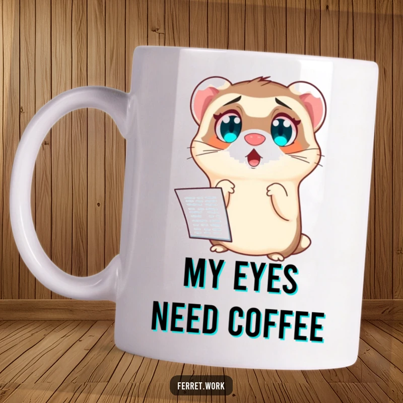 Funny mug showing a ferret with comically wide, shocked eyes staring in disbelief at a complex spreadsheet. Office humor.