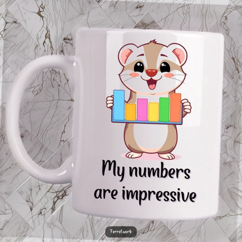 Funny kawaii ferret character enthusiastically presenting a colorful bar graph on a mug, symbolizing business and humor.