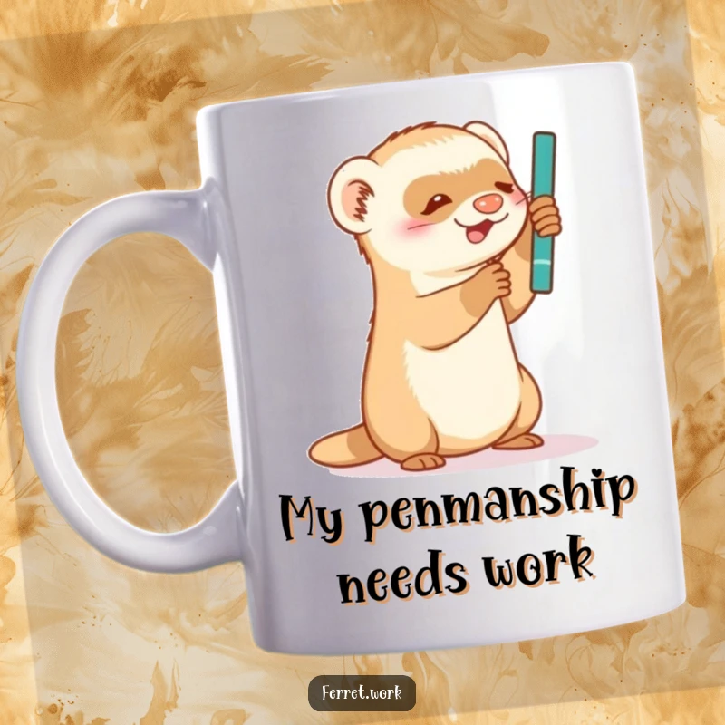 Funny Mug: A mischievous ferret playfully batting at a swinging pen, embodying pure, chaotic fun.