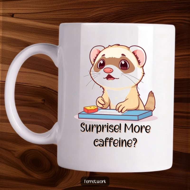 Funny ferret mug showing a surprised ferret caught mid-snack at a desk, eyes wide. Hilarious pet moment.