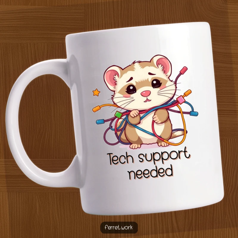 Funny confused kawaii office ferret in a messy tangle of colorful wires, expressing bewilderment. A humorous depiction of tech troubles.