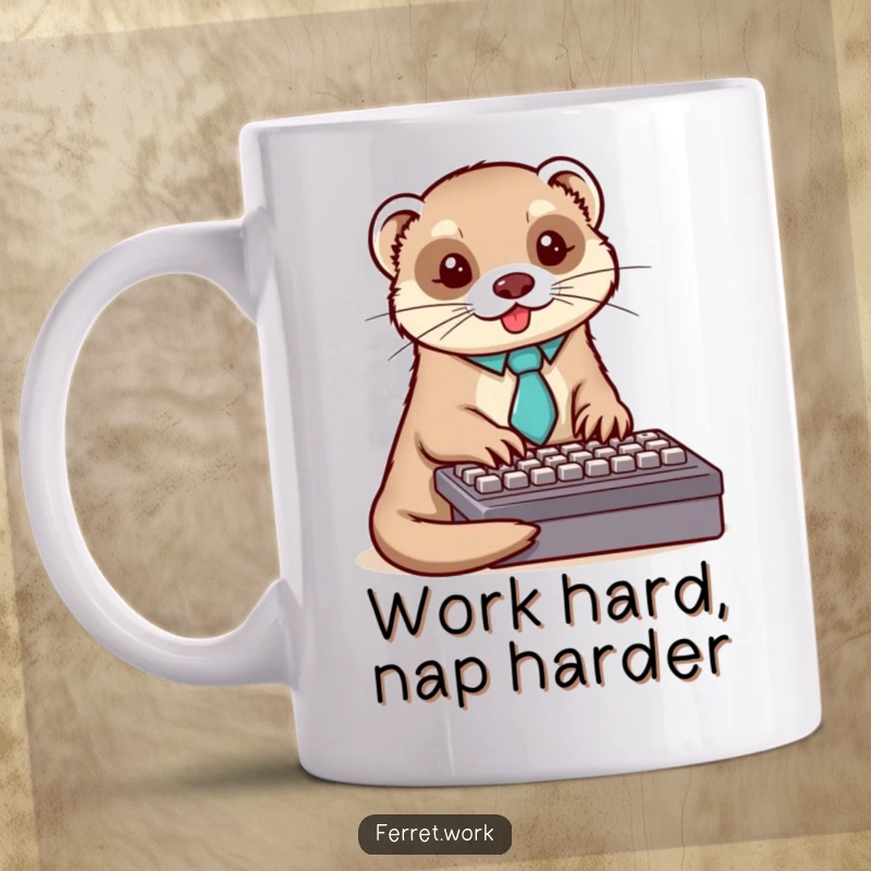 Funny ferret mug showing a dapper ferret in a tie, typing enthusiastically on a computer keyboard.