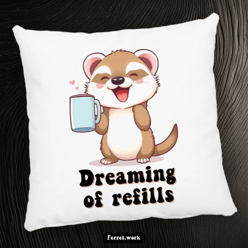 Soft, funny pillow featuring a cute ferret holding a coffee mug with immense joy. Perfect for couch cuddling.