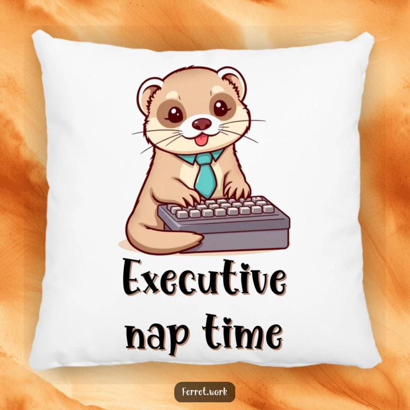 Funny ferret pillow depicting a business ferret wearing a tie and typing vigorously on a keyboard.