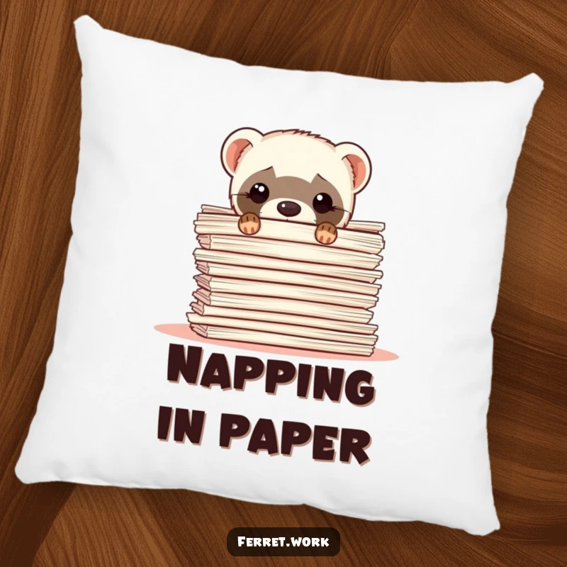 Funny ferret pillow with a shy ferret peeking out from behind a large stack of papers, cozy and cute.