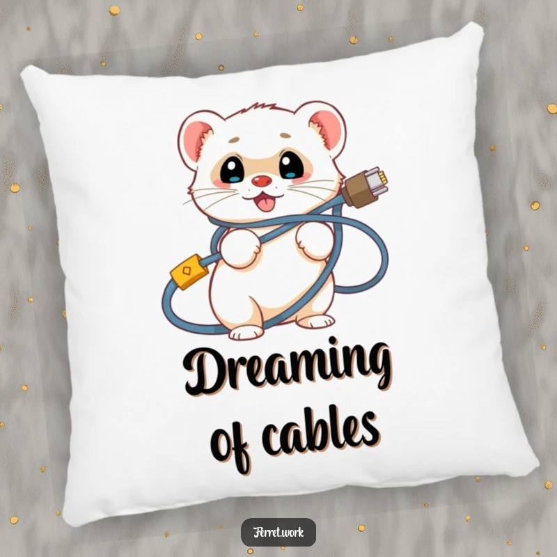 Funny ferret pillow showing a smiling ferret hilariously tangled in a crisscross of computer network cables. Comforting humor.