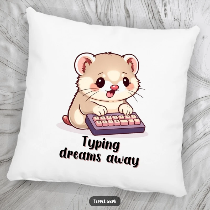 Funny Pillow featuring a kawaii ferret typing on a tiny keyboard with its paws, perfect for cozy, cute decor.