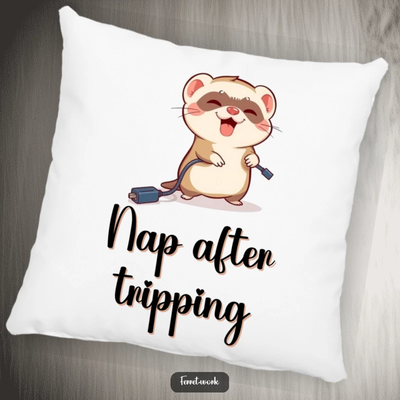 Funny ferret pillow with a ferret comically tripping over a dangling power cord, cozy and humorous.