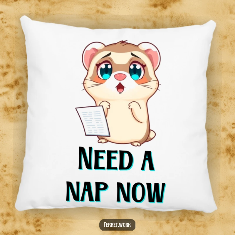 Funny plush pillow with a ferret’s exaggerated wide eyes, looking startled by a spreadsheet. Comforting office humor.