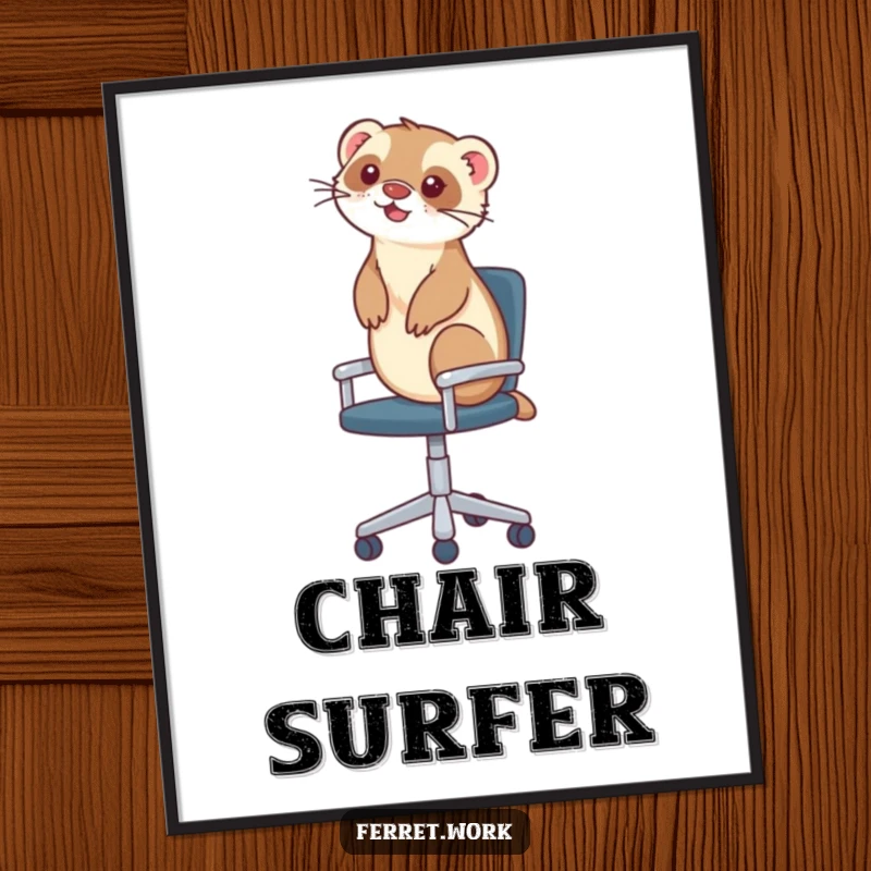 Funny digital art print of a ferret joyfully riding on a rolling office chair, full of humorous motion.