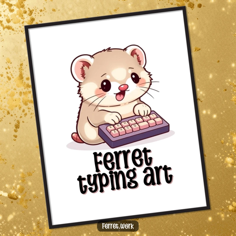 Funny Digital Art Print of a kawaii ferret typing enthusiastically on a miniature keyboard with its paws, adorable and motivational art.