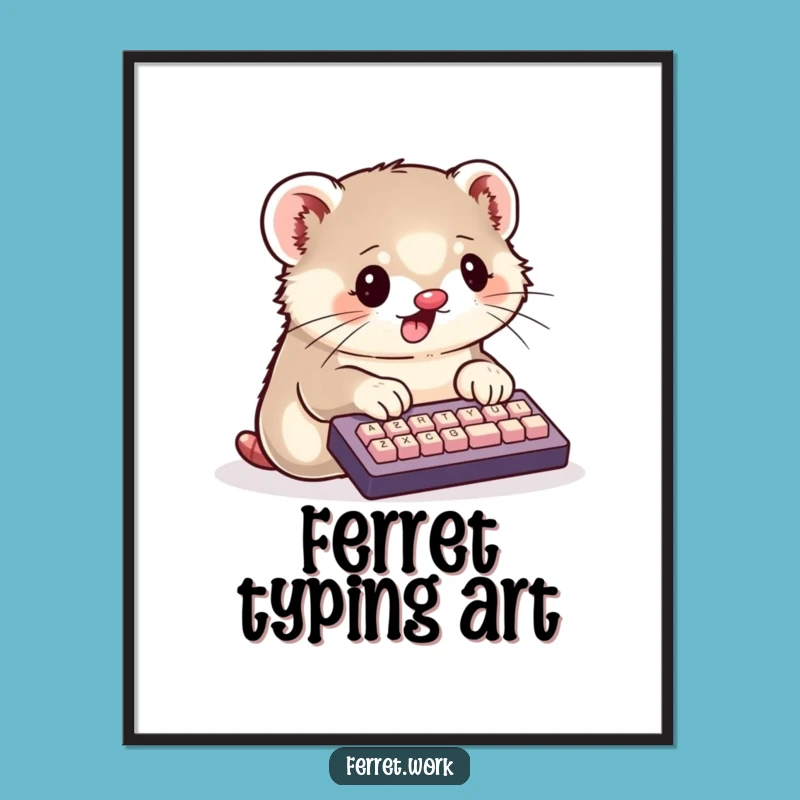 Funny Kawaii Ferret Digital Art: Busy Typist Cute Animal Decor
