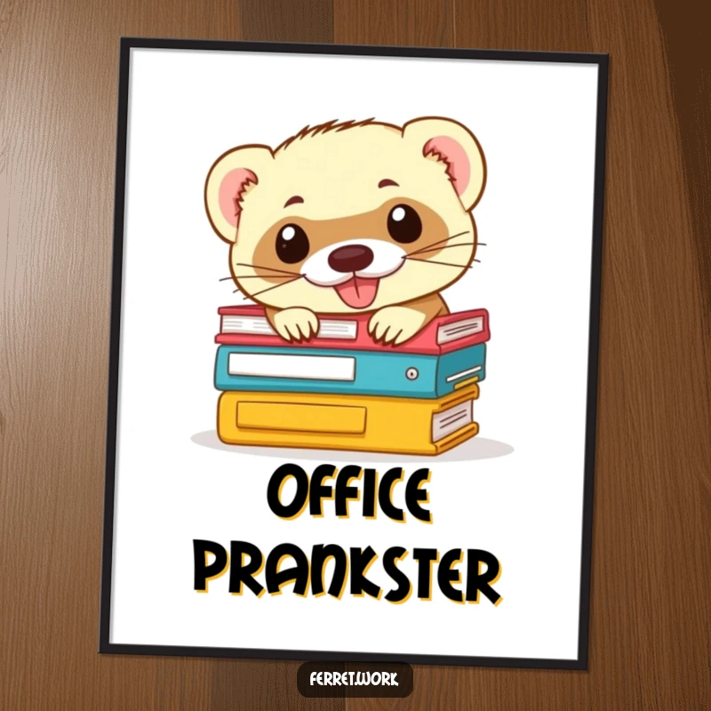 Funny ferret digital art print: printable artwork of a mischievous ferret grinning while peeking from office files, full of humor.