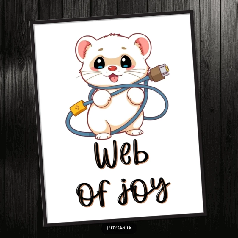 Funny ferret digital art print of a smiling ferret hilariously entangled in a messy web of computer network cables.