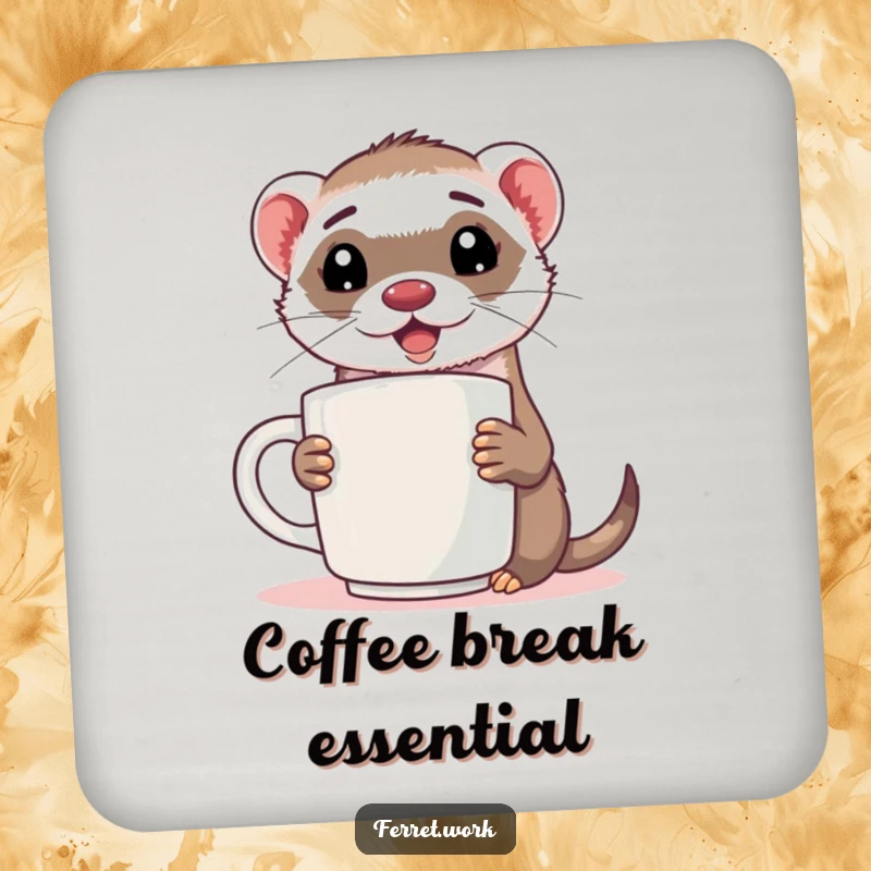 Funny ferret coasters with an energized ferret holding a comically large coffee mug, perfect desk protection.