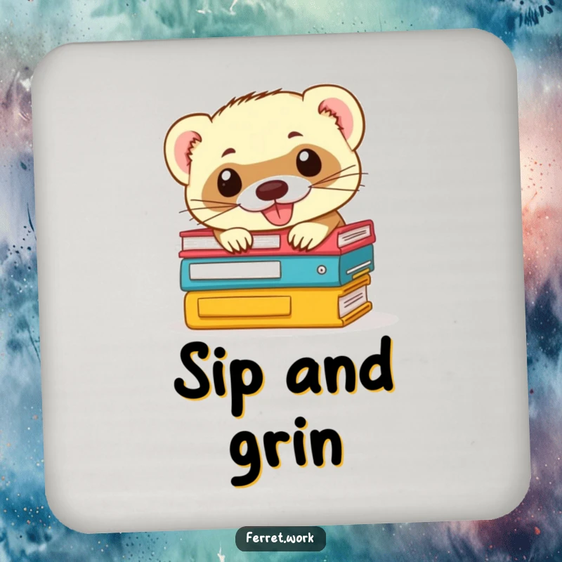 Funny ferret coaster: small protective disk featuring a mischievous ferret peeking from office files, perfect for desk protection.