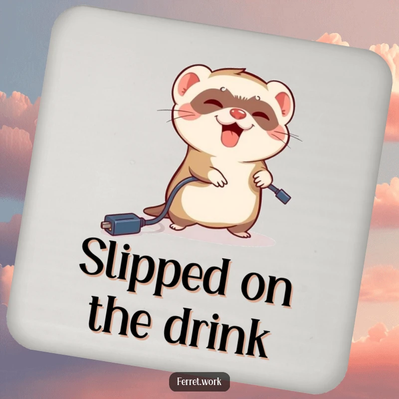Funny ferret coasters with a ferret comically tripping over a dangling power cord, perfect desk protection.