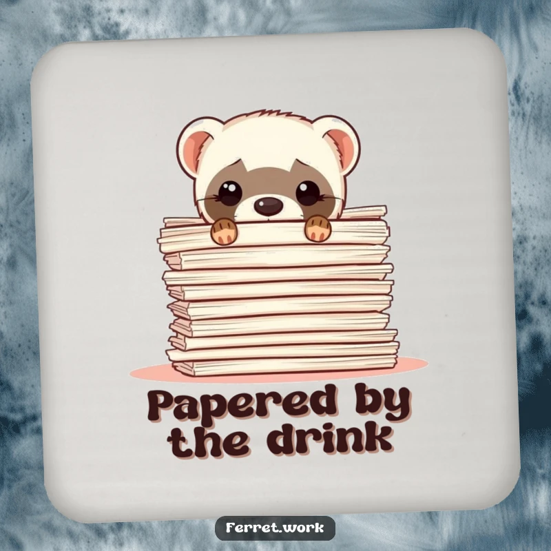 Funny ferret coasters with a shy ferret peeking from behind a large stack of papers, perfect desk protection.