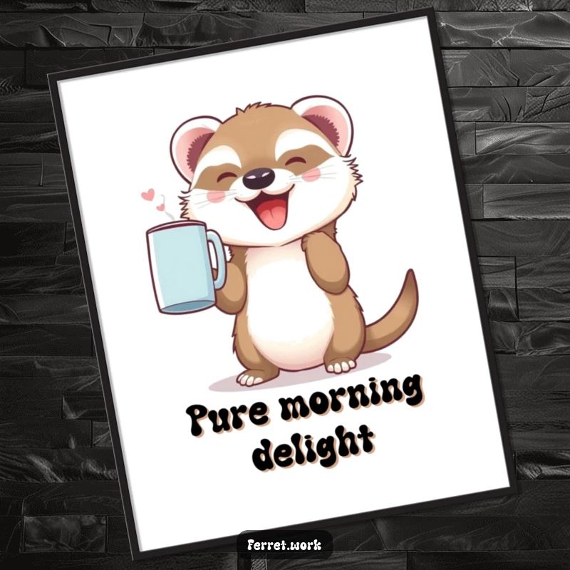 Funny art poster featuring a small, happy ferret enthusiastically holding up a coffee mug. Cute animal art.