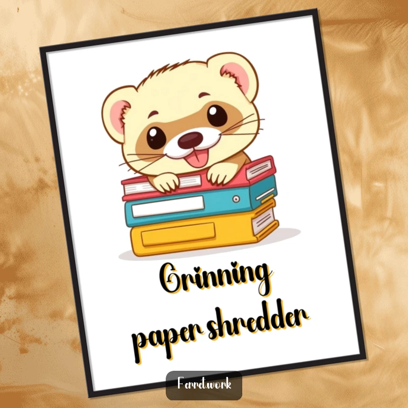 Funny ferret poster: a mischievous ferret grins mischievously while peeking out from a stack of office files, bringing humor.