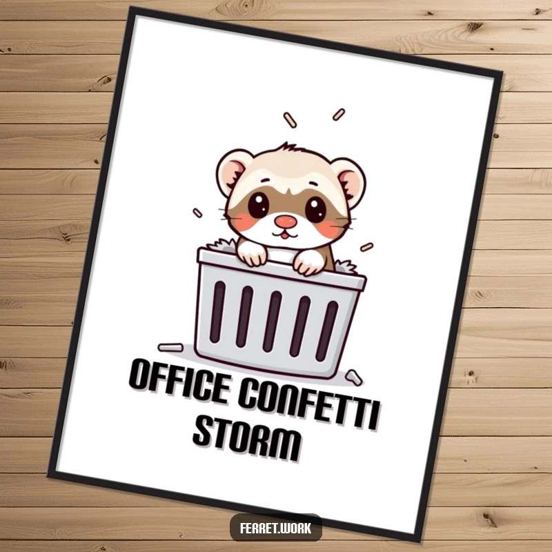 Funny ferret popping its head out of a paper shredder on a poster, adding a humorous touch to wall decor.