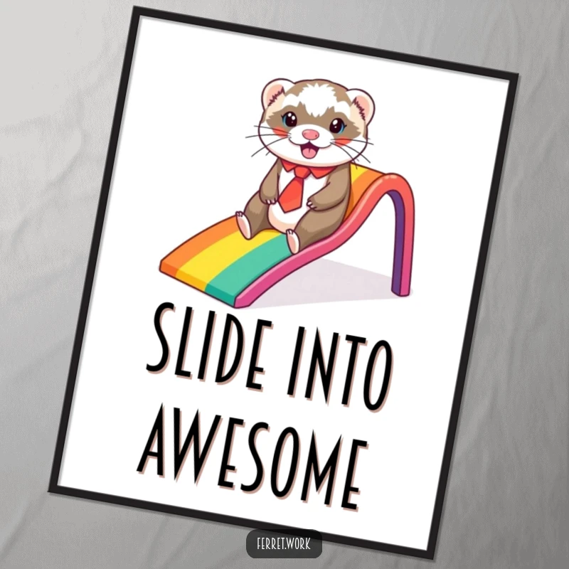 Funny ferret poster, a ferret in a tie gleefully sliding down a colorful rainbow-shaped office slide, creating whimsical wall art.