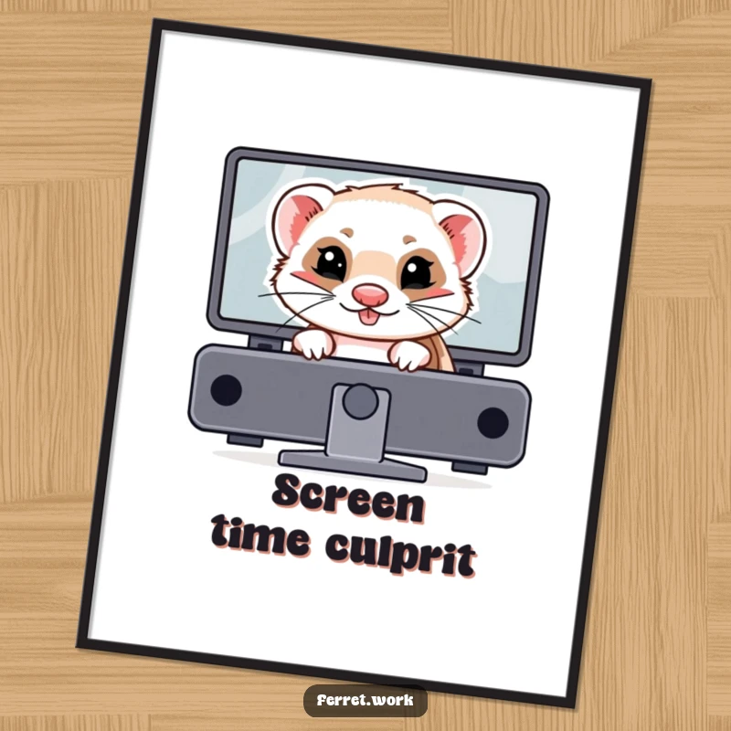 Funny ferret poster of a mischievous ferret with a grin hiding behind a computer monitor. Quirky wall art.