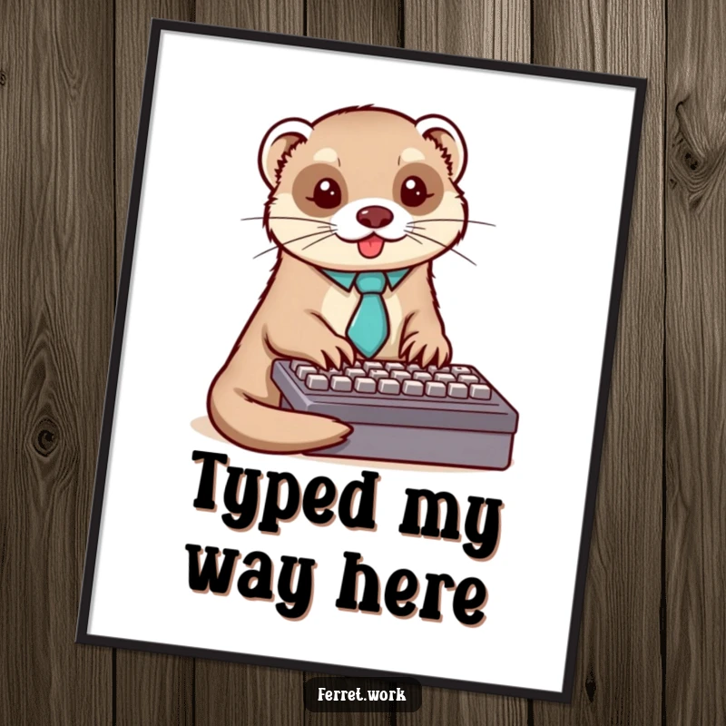 Funny ferret poster of a dapper ferret in a tie, typing with focus on a computer keyboard.