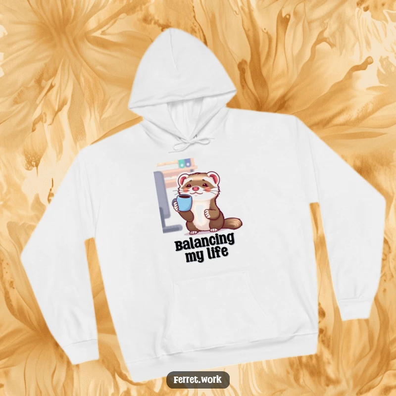 Funny Kawaii Office Ferret Hoodie: A cute ferret comically balances a coffee mug on its nose, offering cozy office humor.