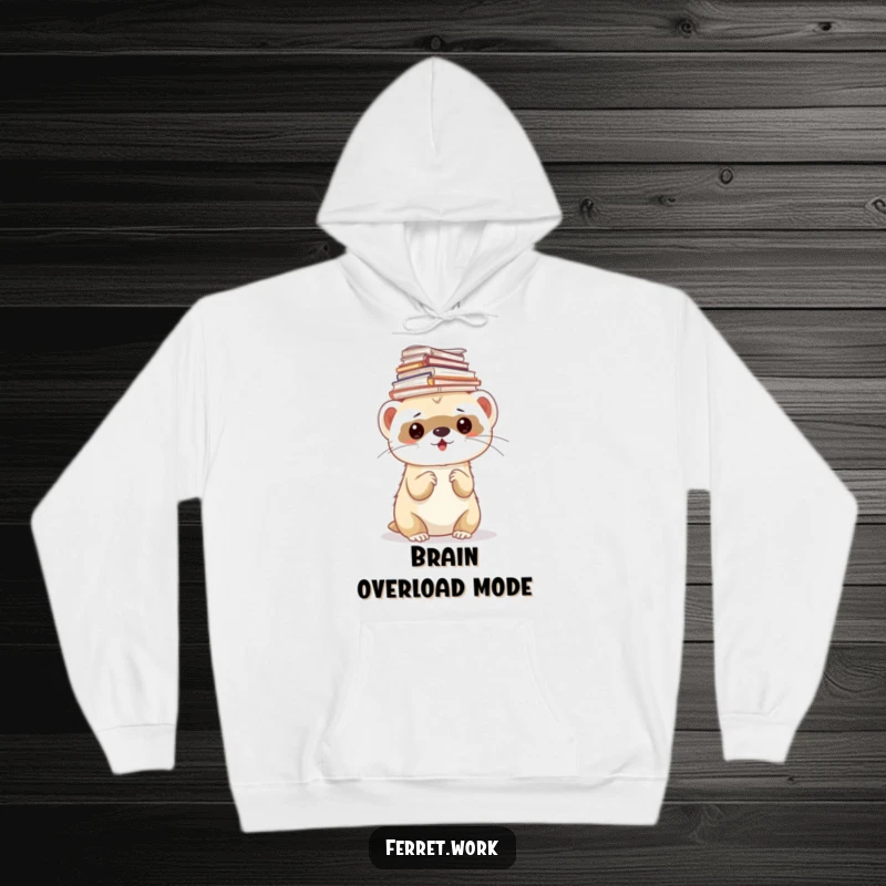 Funny ferret hoodie showing a ferret precariously balancing a tower of papers on its head, ideal for comfort.