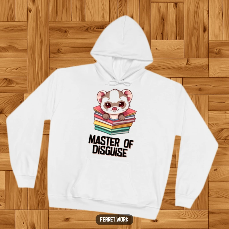 Funny kawaii ferret hoodie, a cute ferret with a mischievous look, peeking from colorful folders, offering cozy and cute vibes.