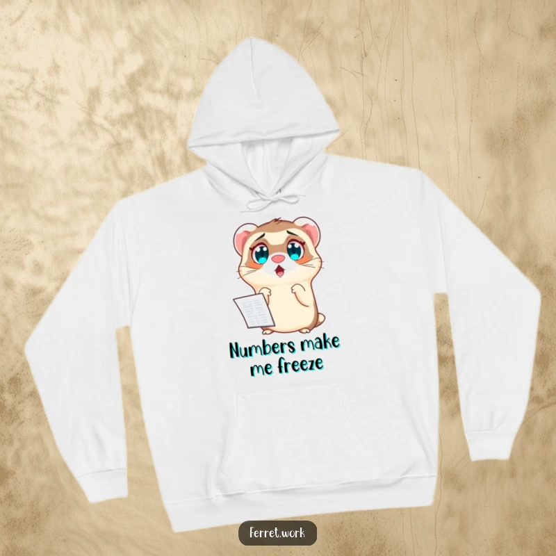 Funny hoodie showing a ferret with huge, surprised eyes staring at a complex spreadsheet. Cozy office humor.