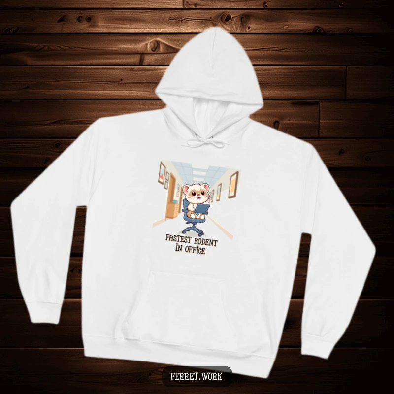 Funny kawaii office ferret speeding down a hallway on a squeaky office chair, a humorous and cozy design.