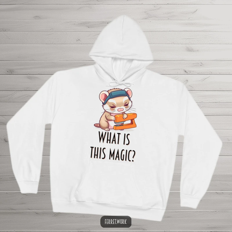 Funny ferret wearing a headlamp, curiously sniffing a stapler, featured on a warm and cozy hoodie.