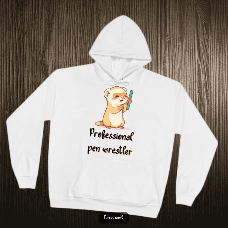 Funny Hoodie: A happy ferret intensely focused on batting at a swinging pen, showcasing playful determination.