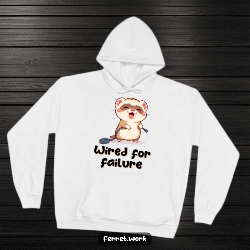 Funny ferret hoodie showing a ferret comically tripping over a dangling power cord, cozy and humorous.